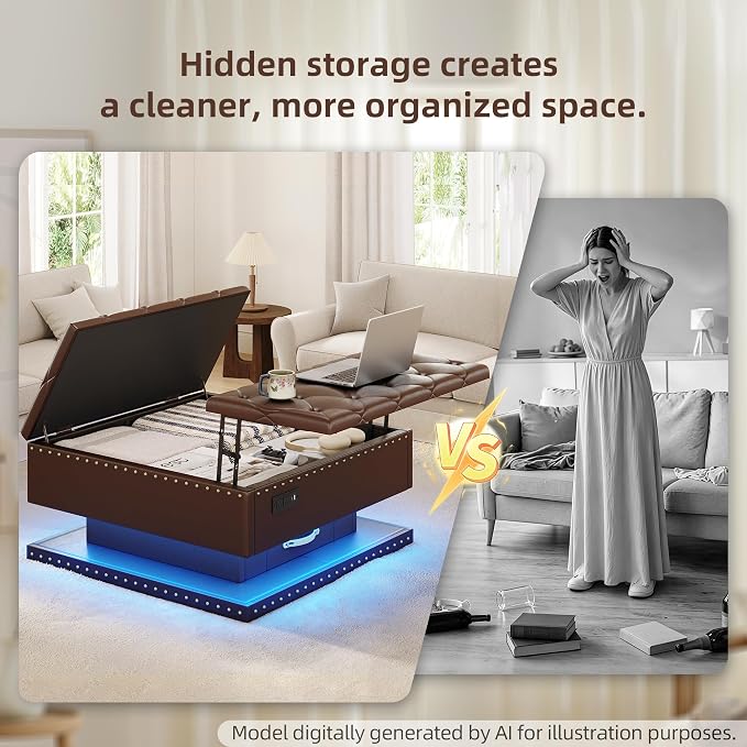 Large Square Ottoman with Storage, Square Storage Ottoman Coffee Table | Coffee Table Storage Ottoman Bench with Lift Top and Two Tier Drawers, LED Ottoman Bench with Charging Station, Brown