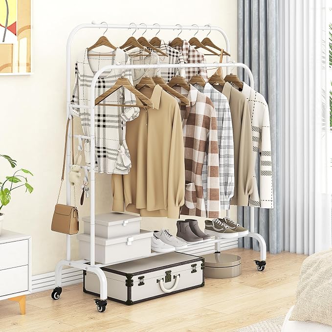 SUOERNUO Clothes Rack with Lockable Wheels Double Rods Metal Garment Racks | Portable Heavy-Duty Clothing Rack with Bottom, Rolling Clothes Shelves for Bedroom Laundry Living Room, White