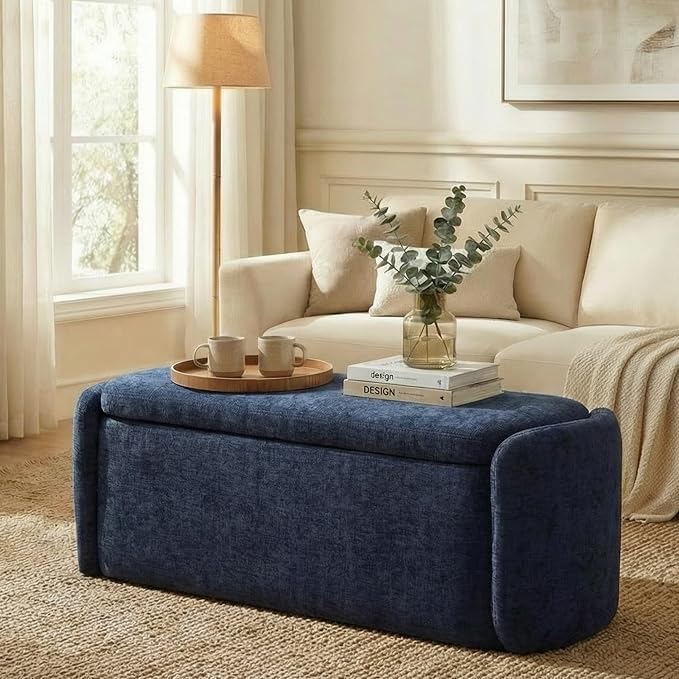 VKNOW Storage Bench, Upholstered Storage Ottoman Bench with Hinge, Navy | Ottoman Bench with Large Capacity, Curved Frame, Soft Fabric, Storage Bench for Bedroom, Living Room, Entryway, Window