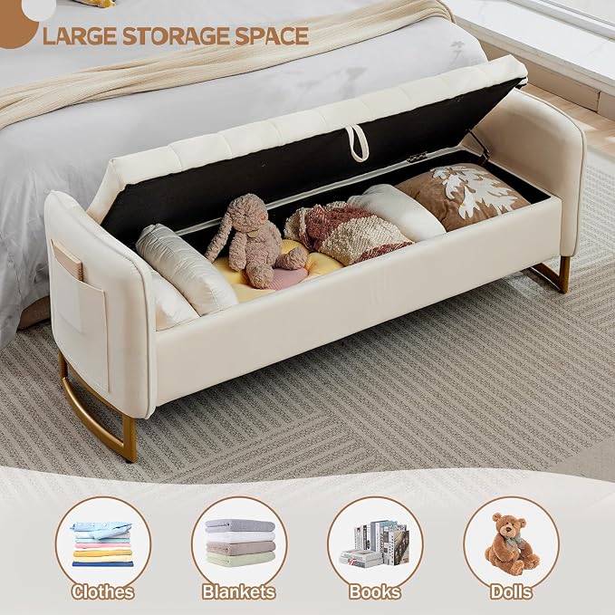 66" End of Bed Storage Bench King Size, Velvet Storage Benches for Bedroom Foot of Bed, Upholstered Storage Ottoman Bench with Golden Legs and Pillow for Living Room Window Entryway, Cream