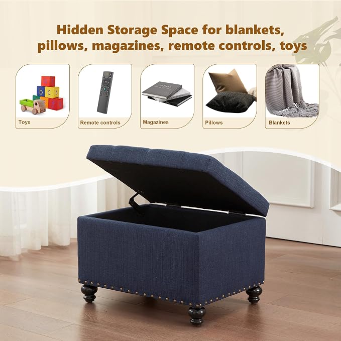 Zihanhome Small Ottoman with Storage, Upholstered Button Tufted Bench, 24" Rectangle Storage Ottoman Foot Rest, Foot Stools, for Living Room, Bedroom, Corners, Dorms and Apartments (Dark Blue)