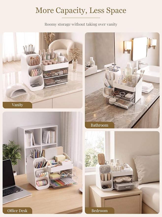 Booklov Large Makeup Organizer for Vanity Countertop, White | Clear Acrylic Cosmetic Display Case, Beauty Brush Holder for Bathroom Counter, Make Up Skincare Lipsticks Storage
