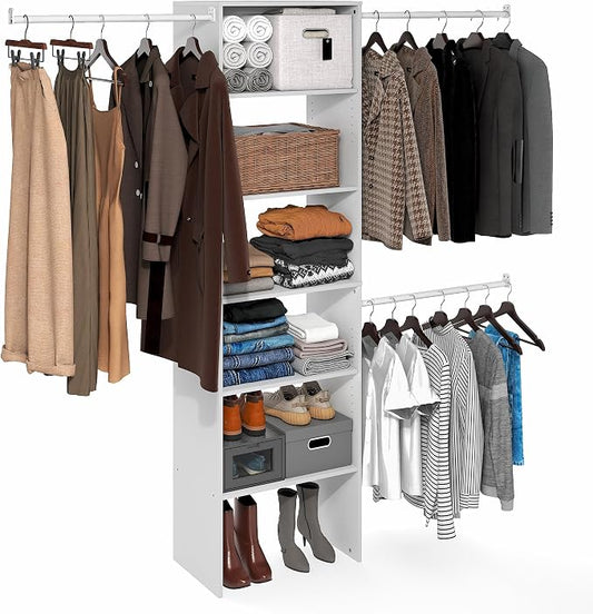 Furinno FANO Closet Organizers and Storage, 5-Tier Wide Closet Storage Organizer with 3 Hanging Bars and Adjustable Shelf, Wardrobe Closet Shelf Tower, 14.8 x 23.6 x 82.1 for Bedroom, White