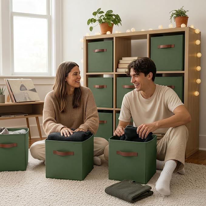 GRANNY SAYS Cube Storage Bins, 11 Inch Storage Cube Organizer, Collapsible Fabric Storage Cubes with PU Handles, Decorative Cube Storage Organizer for Shelves, Closet, Olive Green, 6-Pack