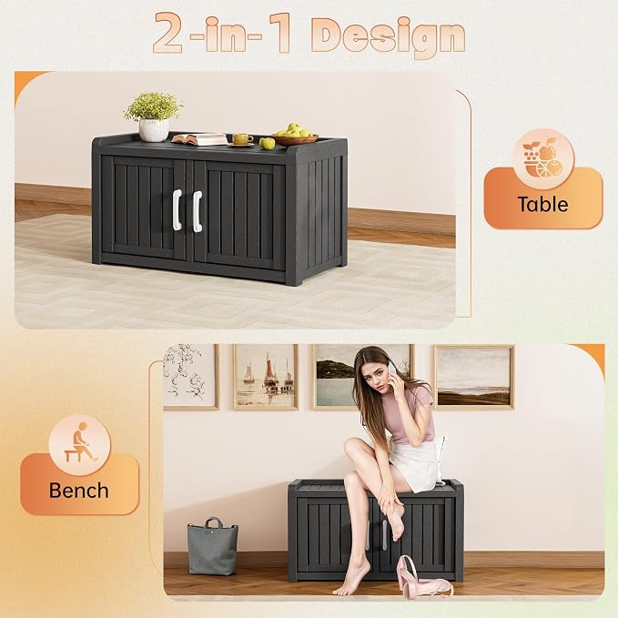 Outdoor Shoe Storage Cabinet, Waterproof UV-Resistant Entryway Storage Bench Indoor Outdoor with 2 Barn Doors, Adjustable Shelves for Entryway, Bedroom, Hallway,Living Room(Jet Black)
