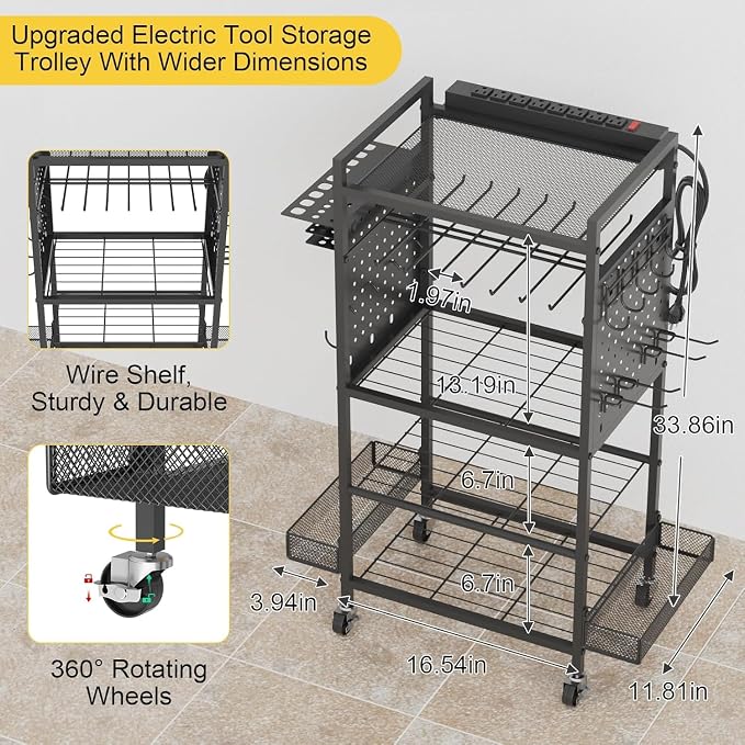 Power Tool Organizer Cart with Charging Station, Heavy Duty Garage Tool Organizer Rolling Tool Battery Storage with 8-Outlet Power Strip, a 4.9-FT Cord,4 Wheels, 2 Hanging Baskets,Hooks .Black