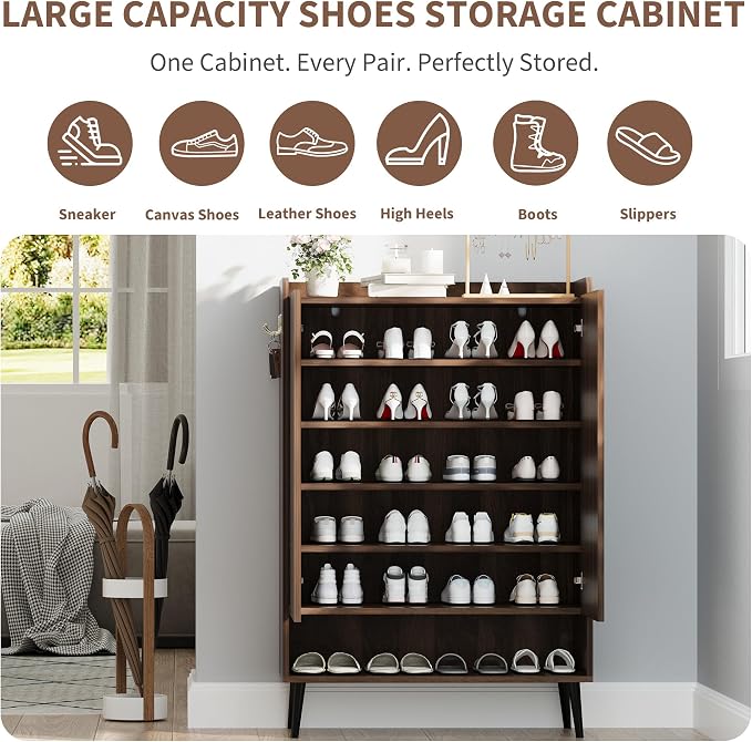 GarveeHome Shoe Cabinet, Large Shoe Cabinet with Doors, Adjustable Shelves, Shoe Organizer with Doors for Hallway, Entryway, Living Room,Nut-Brown