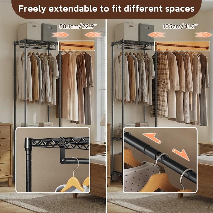 MZG Closet Organizer System, Freestanding Closet Storage System with Expandable Hanging Rod & Wire Shelves, No-Drill Closet Kit for Small Spaces, Bedroom & Apartment (13.8"D x 63.3"W x 82.4"H)