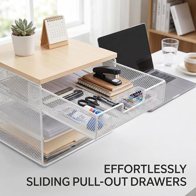 4-Tier Mesh Desk Organizer and Accessories with Drawer Wooden Top Desktop Organizers Letter Tray Paper Organizer File Holder for Home Office School White