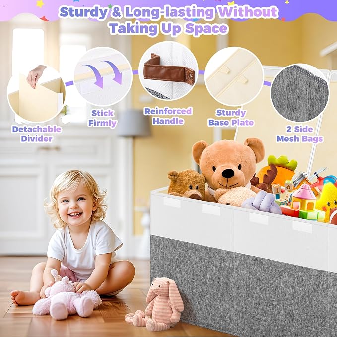 Extra Large Toy Box, Collapsible Toy Storage Chest with Lids, 40"X14"X16" | Sturdy Storage Organizer Bin with Divider for Kids, Boys, Girls, Playroom Bedroom Nursery Organization, White & Gray