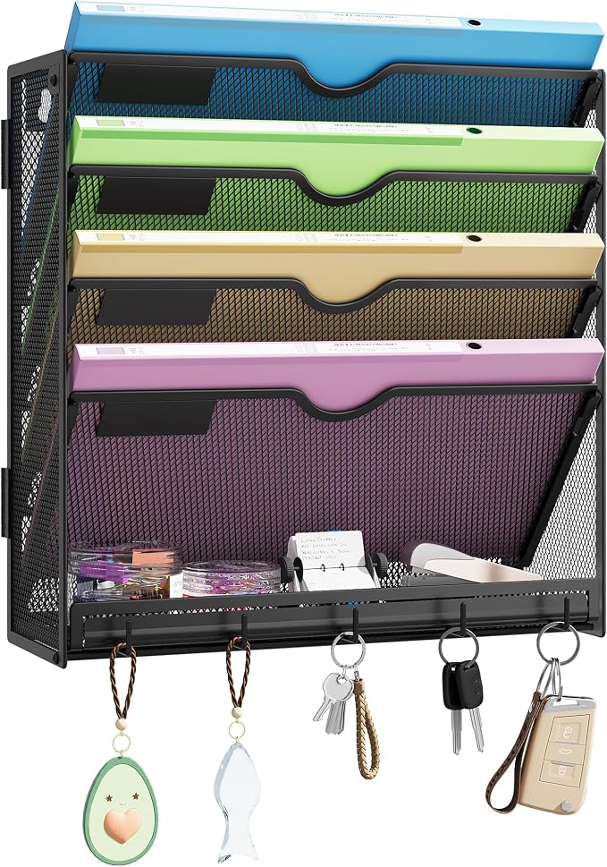 Hanging Wall File Organizer 5-Tier Wall Mount Mail Organizer | Desk Paper Organizer, Sleek Black Metal File Folder Holder for Office, Cubicle (Black-5 Tier)