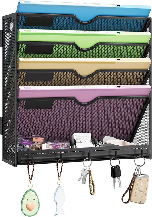Hanging Wall File Organizer 5-Tier Wall Mount Mail Organizer | Desk Paper Organizer, Sleek Black Metal File Folder Holder for Office, Cubicle (Black-5 Tier)