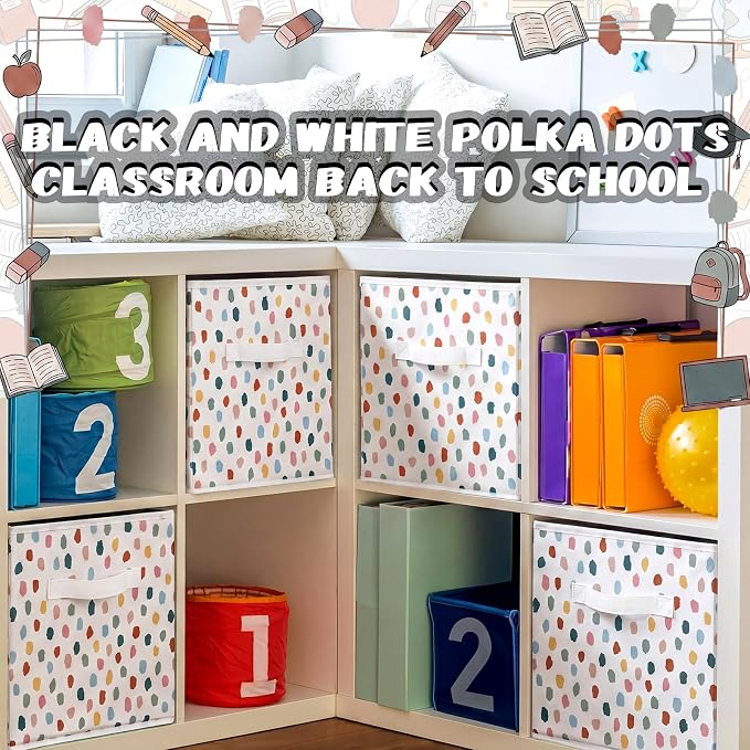 6 Pcs 11 Inch Polka Dots Fabric Storage Cube Bin Woven Foldable Storage Cubes for Classroom Basket Bin Classroom Organizer with Handle Decor for Organizing Clothes, Toy, Book