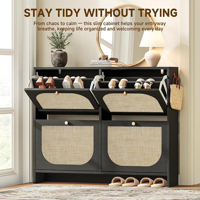 Nicetree Shoe Storage Cabinet for Entryway, Rattan Vintage Flip Shoe Rack- 4 Flip Drawers & 3-Tier Adjustable Shelves,Boho Shoe Organizer for 28-36 Pairs - Fits Size 12 Boots, 9.5" Ultra Slim