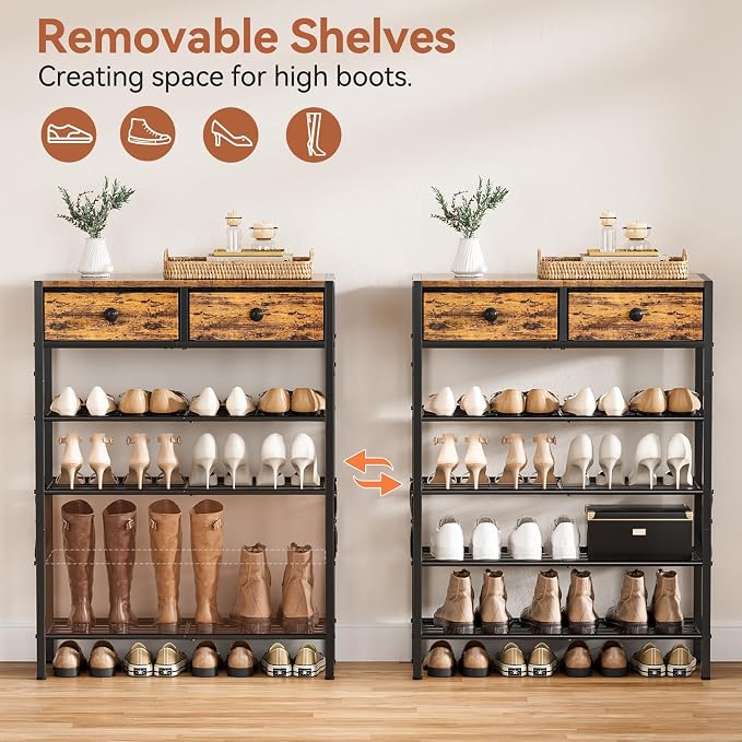 5 Tier Shoe Rack with 2 Drawers, 16-20 Pairs Rustic Brown | Holds 16-20 pairs. 2 drawers for socks/keys. Removable layer for boots. Anti-tip kit included. Quick assembly.