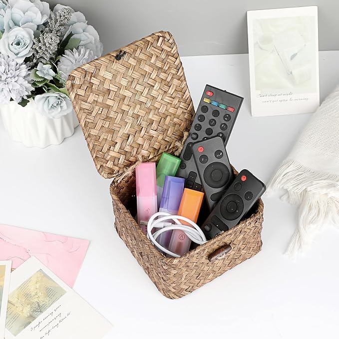 Hipiwe Seagrass Basket Bin with Lid X-Small Handwoven Wicker Storage Basket | Square Decorative Baskets Box for Shelf Multipurpose Household Baskets Organizer for Home Decor