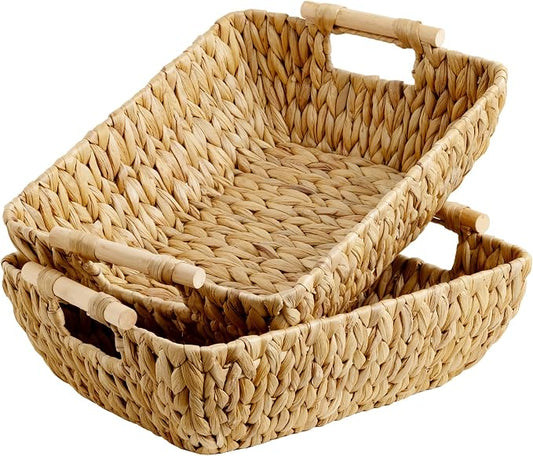 StorageWorks Hand-Woven Storage Baskets with Wooden Handles, Water Hyacinth Wicker Baskets for Organizing, 2 Pack