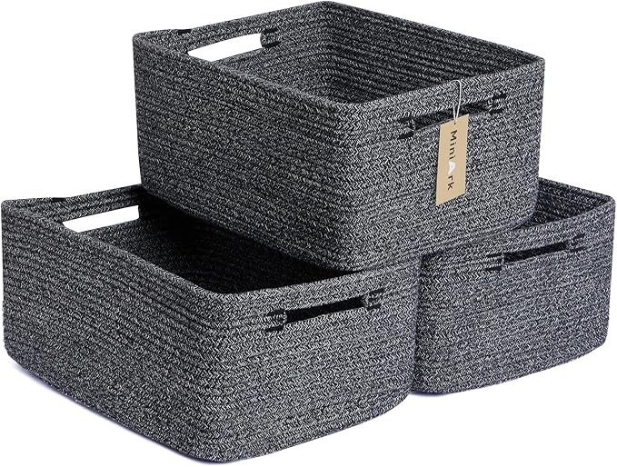 MiniArk Large Storage Baskets for Shelves, 17 x 13 x 7.5” Closet Organizers Bins for Clothes Blanket Towels, Baby Nursery, Toy Baskets Box, Woven Rope Baskets, 3 Packs Dark Gray