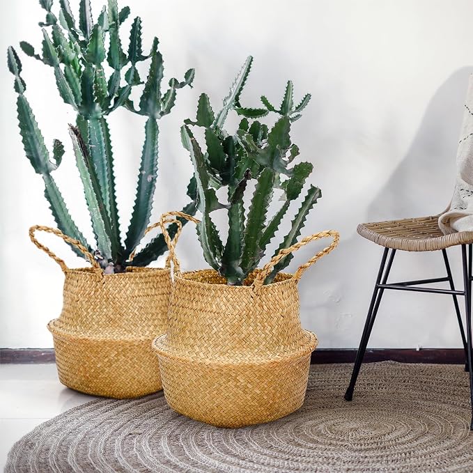 Qunclay 8 Pcs Woven Seagrass Baskets Belly Basket Folding Boho Natural Plant Pot with Handles Round Decorative Wicker Large Indoor Planter for Home Outdoor Tree Planters Decor (L,13''dx11''h)