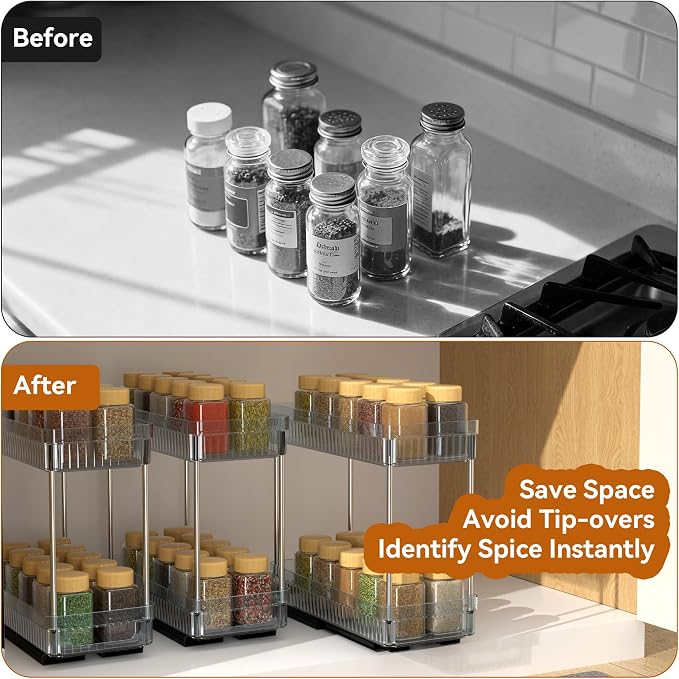 DABIGE 2 Pack Pull Out Spice Rack Organizer for Cabinet, 2 Tier Slide Out Spice Racks Organizer, Spice Cabinet Organizers, Cabinet Size Need:12'' High x 11'' Deep x 5'' Wide, Clear Acrylic