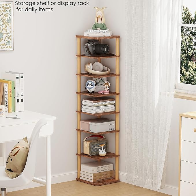 8 Tiers Vertical Shoe Rack, Tall Narrow Shoe Tower, Corner Shoe Rack, Brown | Small Shoe Organizer for Entryway, Closet, Dorm & Small Spaces, Freestanding Wooden Shoe Shelf for Boots, Sneakers, Heels.