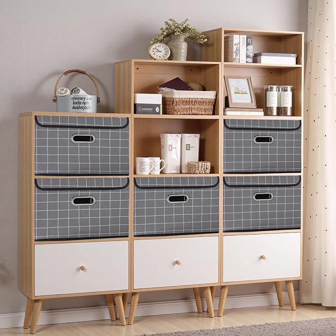 STOREONE Fabric Storage Cube Bins Foldable Organizer Container Collapsible Basket with Lids and Metal Handles, for Home, Bedroom, Closet 3 Pcs (Grey grid)