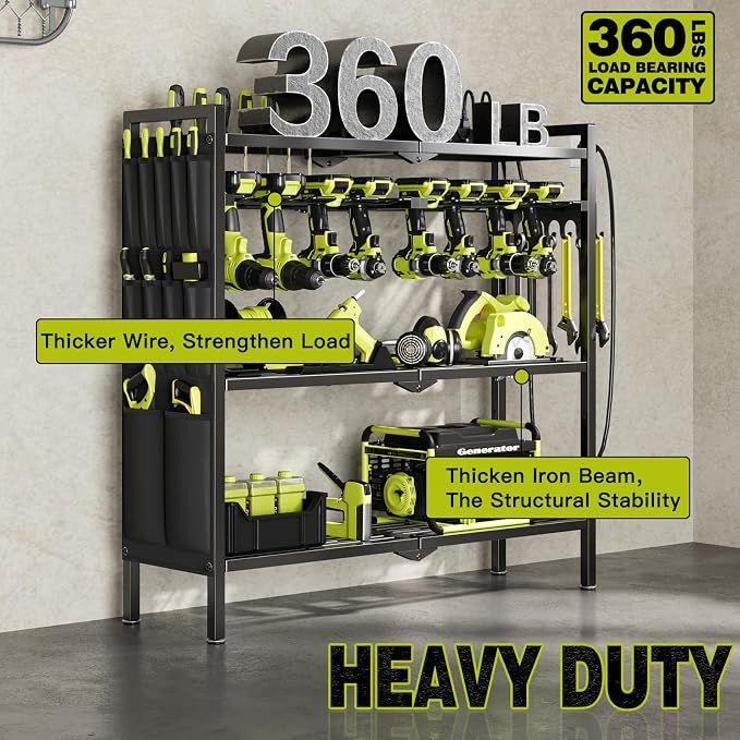 NattyDot Power Tool Organizer Cart with Charging Station, 8 Drills, Black | Freestanding Power Tool Cart Holds 8 Drills; Charging Station Powers Batteries while Sturdy Shelves Organize Garage Gear
