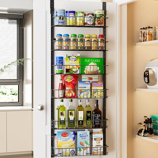 Delamu Adjustable Cabinet Door Organizer, 6 Tier Hanging Spice Rack | Metal Over the Door Pantry Organizer, Pantry Organizers and Storage Shelves for Kitchen Bathroom Laundry Room, Black