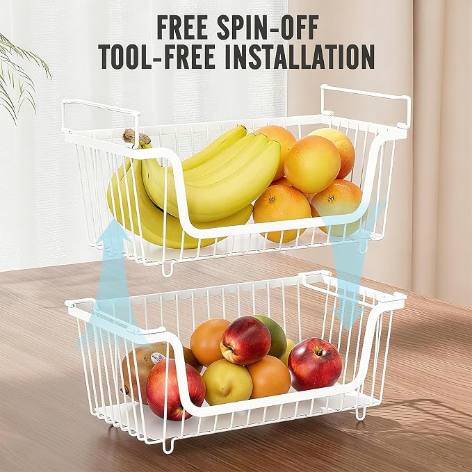 GAOKASE 6 Pcs Stackable Wire Baskets for Pantry Organizers and Storage, | Vegetable Fruit Basket for Countertop,Kitchen Storage Metal Baskets,Produce Potato Onion Storage Bin,White