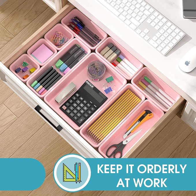 16 PCS Drawer Organizer Set, 4 Size Makeup Drawer Divider Organizer With Non-Slip Pads, Interlocking Plastic Storage Bins for Office,Jewelry Vanity,Gadgets, Bathroom,Kitchen, Pink