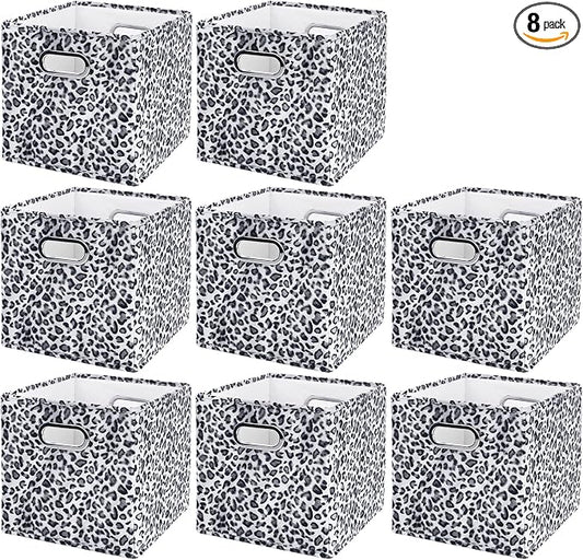 ANMINY Leopard Cheetah Print Storage Cubes Bins, Velvet, Gray, 13Inch 8PCS | Collapsible & Washable, PP Board Frame, Built-in Metal Handles, Animal Themed Fabric Cubes Baskets for Closet Shelves Decor