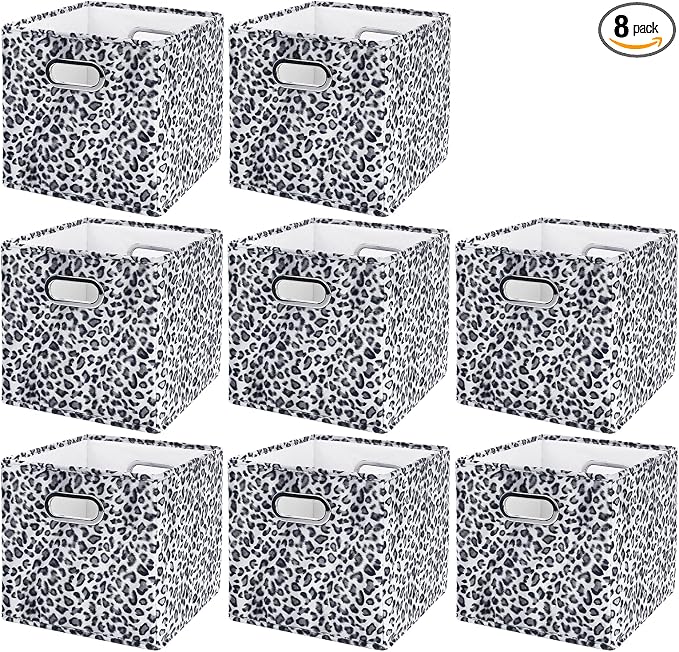 ANMINY Leopard Cheetah Print Storage Cubes Bins, Velvet, Gray, 11Inch 8PCS | Collapsible & Washable, PP Board Frame, Built-in Metal Handles, Animal Themed Fabric Cubes Baskets for Closet Shelves Decor