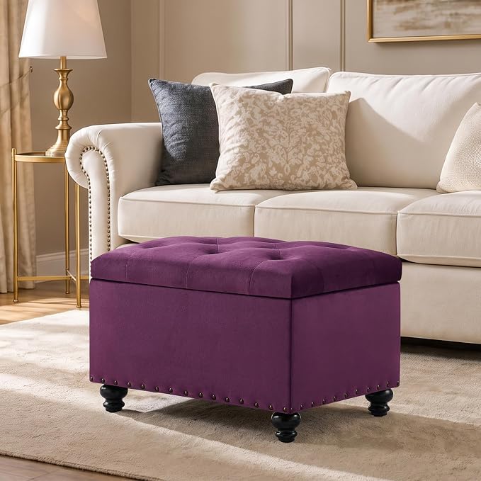 Zihanhome Velvet Storage Ottoman Bench, Button Tufted Ottoman with Hidden Storage, Upholstered Foot Rest Stool with Solid Wood Legs for Living Room, Bedroom, Entryway & Small Spaces (Purple)