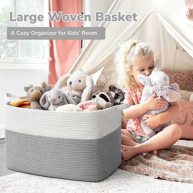 Goodpick Large Woven Blanket Basket, Rectangle Cotton Rope, White Gray | 85L, 23.6 x 15.7 x 13.8 in, Reinforced Handles, Living Room, Bedroom & Nursery Organization, Blankets & Pillows Storage