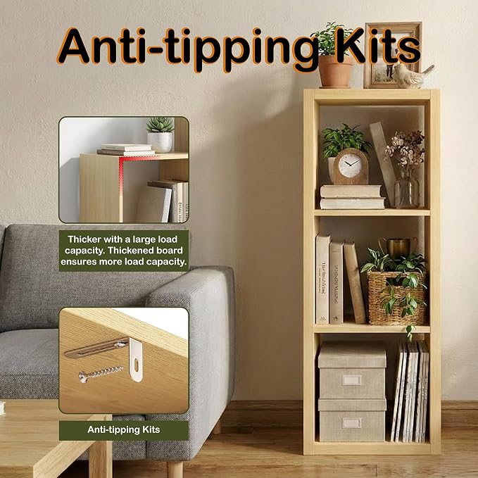 WannabeMyself【2026 Wooden Thick Frame】 3 Cube Storage Organizer with Anti-Tipping Kits, Reversible Open Back Book Shelf,Bookcase for Living Room,Bedroom,Entrance Hall,Office,11.6×36.3×13.1,Oak Color