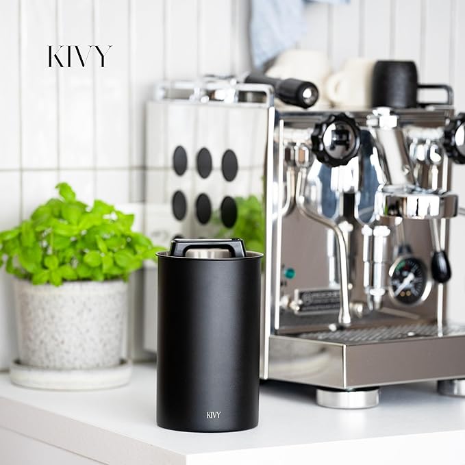 KIVY Vacuum Coffee Canister - Push Lid Preserves Coffee Aroma & Oil - Stainless Steel Airtight Coffee Canister - Container for Ground & Coffee Bean Storage - Storage Jar - Removes Excess Air