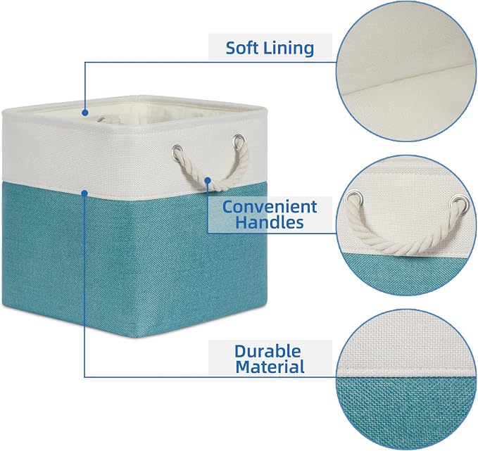 Temary Cubes Storage Baskets 11 Inch Cube Storage Bins 4 Pack Fabric Baskets for Gift Empty Teal Storage Bins for Shelves, Collapsible Fabric Storage Cubes Basket for Storage (White&Teal)