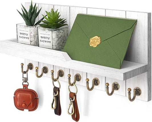 Rebee Vision Key Holder Wall Mount with 7 Hooks for Home Decor, White | Farmhouse Key Holder for Wall, Floating Shelf for Placeable Plants, Mail Organizer, Rustic Apartment Essential