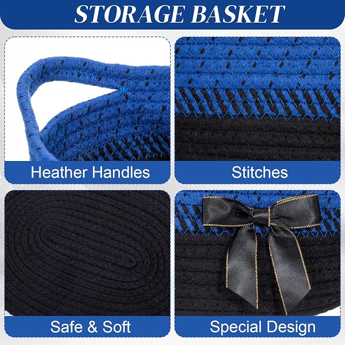 Colingmill 1 Set Woven Empty Basket for Gift,Blue Black | with Cellophane Wrap Set, 14 x 10 x 5.5 Inch, Medium Decorative Gift Basket, Cotton Rope Storage Box, Home Decor