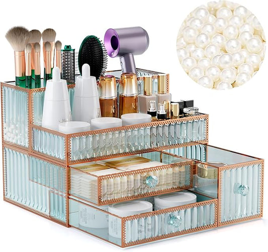 Youdepot Makeup Organizer Countertop - Tempered Glass Vanity Organizer for Cosmetics, Skincare, Hair Tools, Brushes, Perfume - Multipurpose Bathroom Counter Skincare Organizer | Vanity Organizer for Cosmetics, Skincare, Hair Tools, Brushes, Perfume, Mu...
