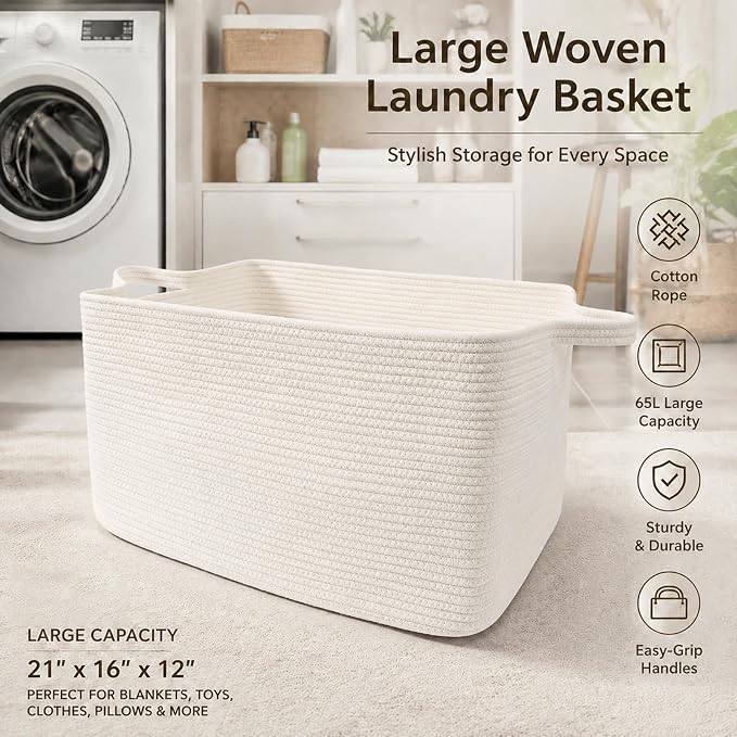 65L Collapsible Woven Rope Laundry Basket with Handles, White | 21x16x12 Foldable Rectangular Blanket Basket for Toys, Clothes & Pillows,Ideal for Nursery, Bathroom, Bedroom, Living Room