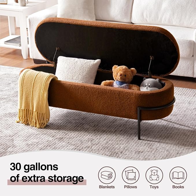 FiveWillowise 52 Inch Sherpa Storage Ottoman Bench,End of Bed Bench | Upholstered Boucle Storage Bench with Storage,Metal Stand and Hinges,Oval Ottomans for Living Room,Bedroom,Brown