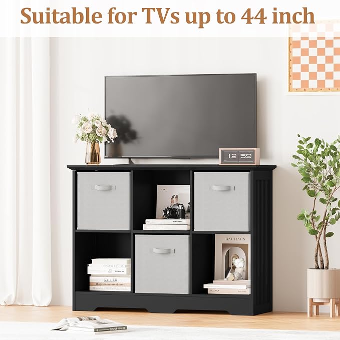 6 Cube Storage Organizer Shelf, Wood Cubby Storage with 3 Fabric Drawers | 2 Tier Wooden Bookshelf with 2 Adjustable Shelves, Fluted Side Panels Bookcase for Bedroom, Living Room, Home Office, Black