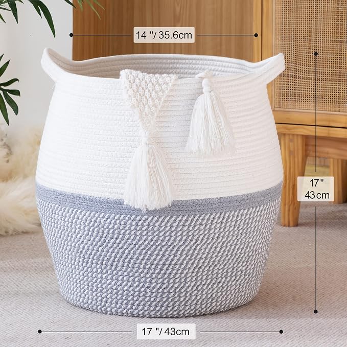 KAKAMAY Woven Baskets for Storage(17"x17"),Large Cotton Rope Woven Baby Laundry Hamper,Collapsible Laundry Basket, Blanket Basket for Organizing Living Room,Nursery,Pillows,Toy Chest(Grey)