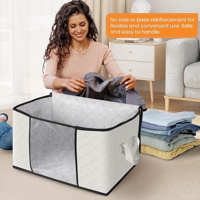 Fab totes 8 Pack Clothes Storage, Foldable Thick Fabric Blanket Storage Bags, Containers for Organizing Bedroom, Closet, Clothing, Comforter, Organization with Handle,Ivory White
