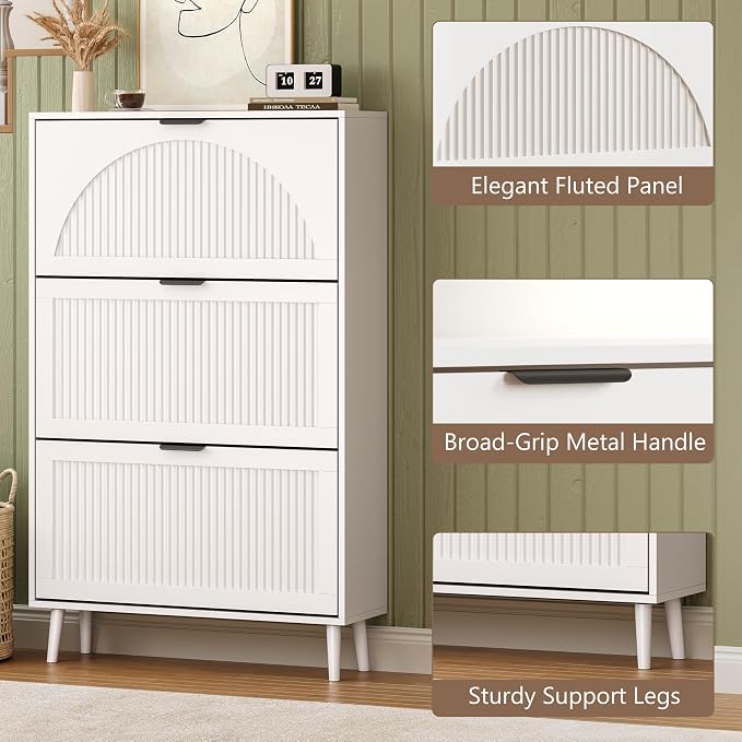 BORNOON Shoe Cabinet for Entryway with 3 Flip Drawers, Slim Wooden Shoe Storage Organizer with Modern Fluted Pannel，Freestanding Narrow Hidden Shoe Rack for Hallway, Foyer, Living Room