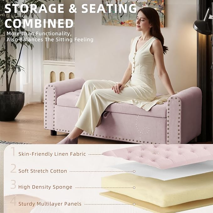48" Ottoman with Storage, Tufted Storage Ottoman Bench, Convenient Living Room Fabrics Bench Seat, Entryway Shoe Benches with Inner Zipper & Arm, Upholstered Window Seat Ottomans with Rivets,Pink
