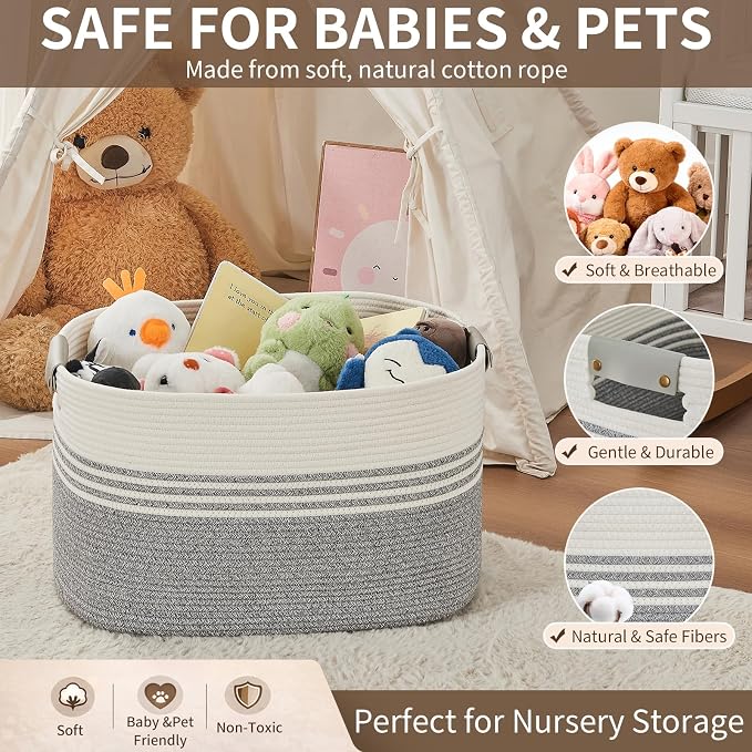 Laundry Hamper with Handles, 72L Rope Laundry Basket, Grey | Cotton rope clothes hamper with leather handles holds blankets, pillows, toys and laundry in nursery, bedroom or living room