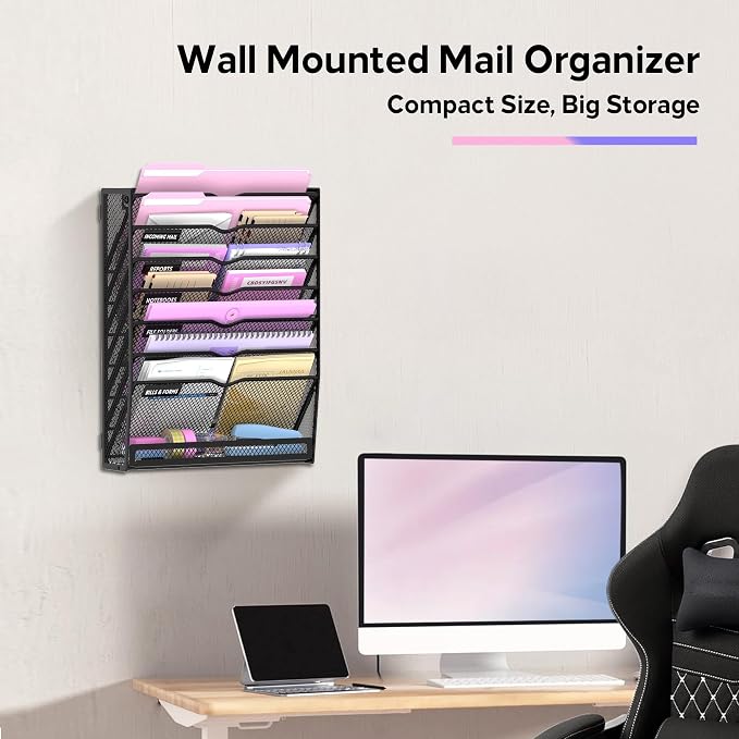 8-Tier Wall File Organizer with Base, Wall Mounted File Holder | Vertical Hanging File Organizer with Open Compartments and Label Holders for Mail, Folders and Paperwork at Home or Work