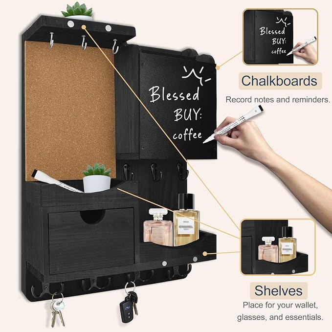 Key Holder Wall Mount, Mail Organizer Key Holder for Wall with Shelf, Drawer, Chalkboard, Corkboard, Home Decor Mounted for Room Entryway (Black)